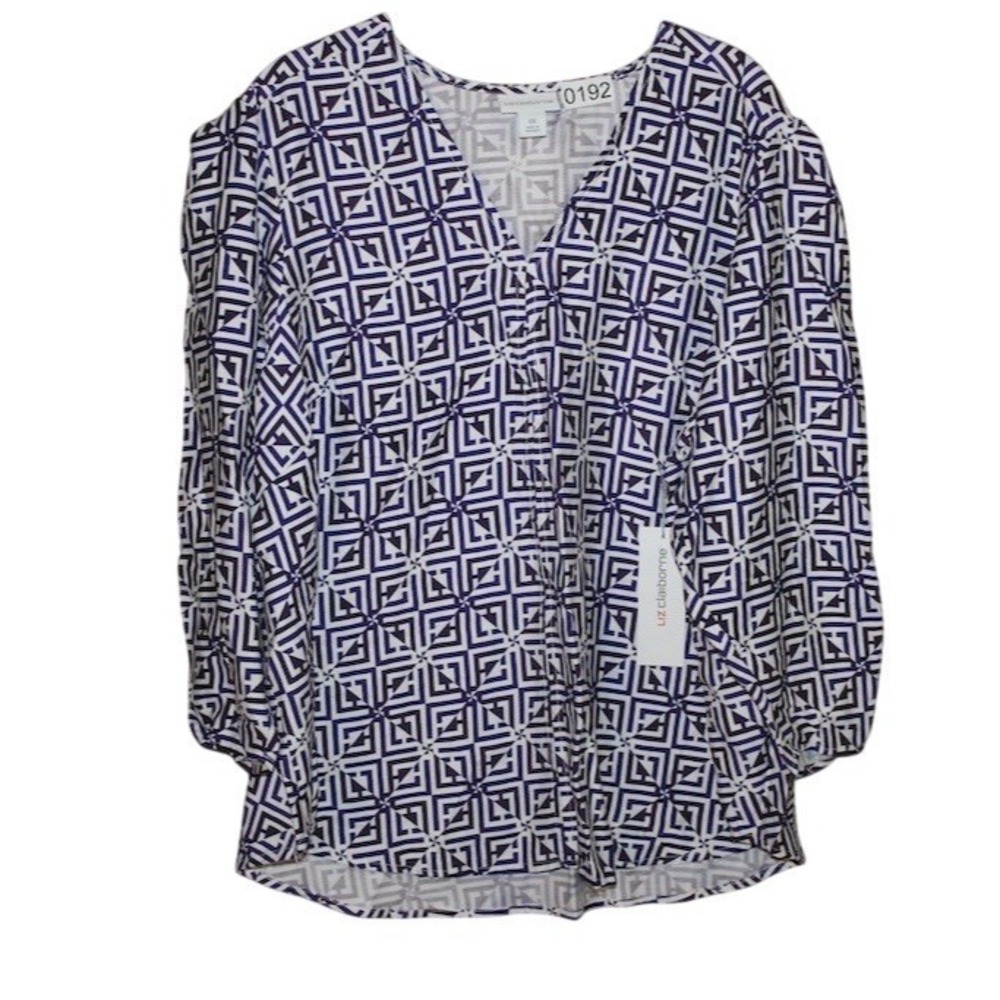 Liz Claiborne Blouse Womens Size 0X Purple Geometric V-Neck 3/4 Sleeve